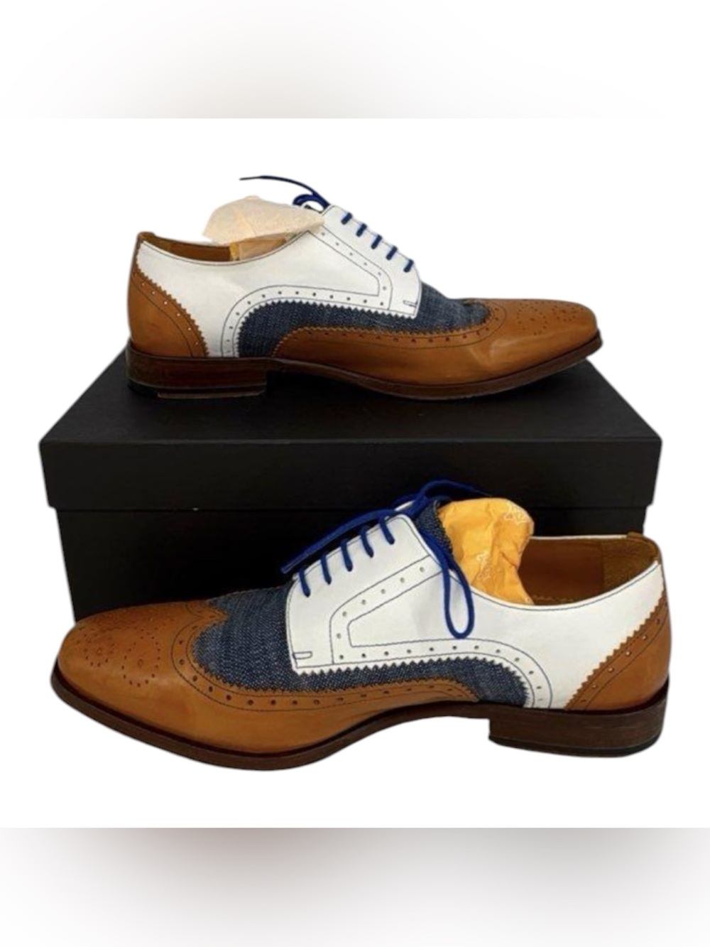 Undandy Oxford Brogue Shoes Tan White Blue Denim Leather Wingtip Size 43 US 10